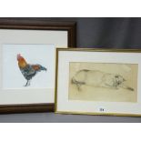LUCY VICKIRY watercolour - an alert standing cockerel, signed with initials, 22 x 26cms and G H