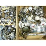 BOX OF PLATED WARE and a basket of loose cutlery