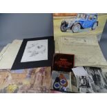 VINTAGE VEHICLE EPHEMERA, badges and photographs, a Vosper Royal Barge model blueprint and a