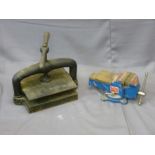 VINTAGE BOOK PRESS, a blue painted 'Swordfish' brand bench vice