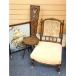 EDWARDIAN NURSING CHAIR, spinning chair with carved detail and a woolwork fire screen