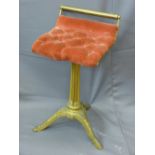 METAL FRAMED RISE & FALL SEAT on tripod base with red buttoned upholstery