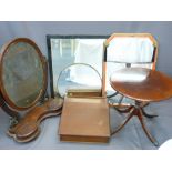 VICTORIAN MAHOGANY OVAL TOILET MIRROR with twin lift up lid compartments, a circular occasional