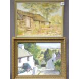 TWO OIL PAINTINGS - cottages on a hillside lane and oil on board - old farm building