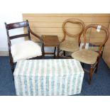 VINTAGE FURNITURE - two balloon back chairs, an ottoman, side table and elbow chair