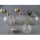 GOOD PAIR OF SILVER TOP GLOBULAR SCENT BOTTLES and two hobnail examples, Birmingham, Chester and