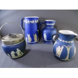 FOUR ITEMS OF VINTAGE DARK BLUE WEDGWOOD JASPERWARE