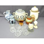 MIXED COLLECTION OF GERMAN STONEWARE, English pottery and glassware with two small stone head