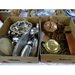 ELECTROPLATE souvenir spoons, hotel service ware, a copper kettle, brass weights ETC