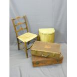 TWO VINTAGE SUITCASES, a string seated ladder back farmhouse chair and a Lloyd loom 'Lusty' linen
