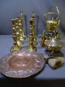 LARGE PARCEL OF MIXED BRASSWARE including beaten spirit kettle, Trench art, Eastern censer,