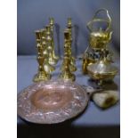 LARGE PARCEL OF MIXED BRASSWARE including beaten spirit kettle, Trench art, Eastern censer,