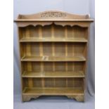 ANTIQUE STYLE OPEN FOUR SHELF BOOK CASE with carved arched, rail back, 157cms height, 118cms