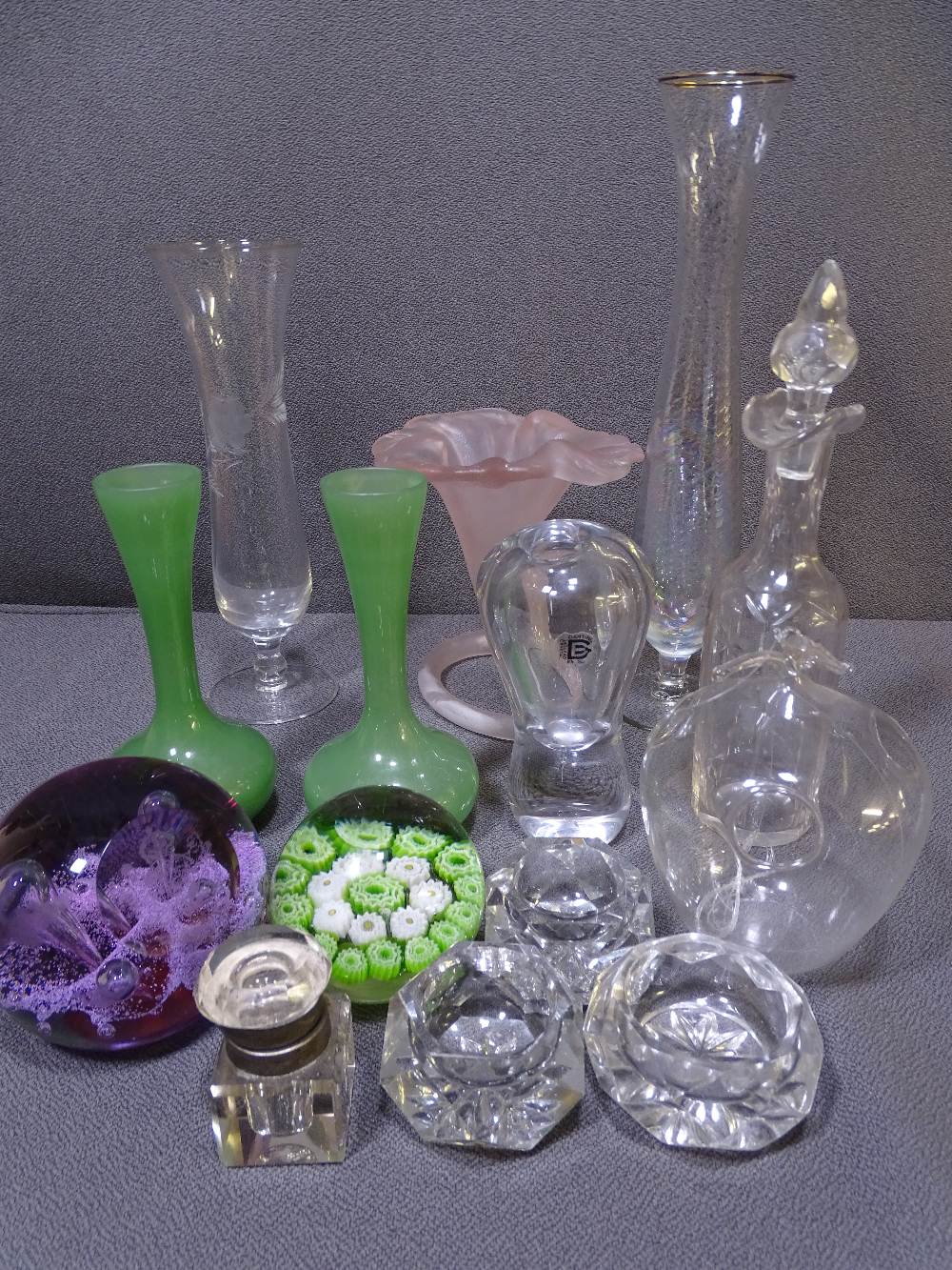 DECORATIVE GLASSWARE including paperweights, glass dump, tulip vases ETC