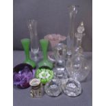 DECORATIVE GLASSWARE including paperweights, glass dump, tulip vases ETC