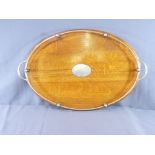 VINTAGE OVAL OAK TRAY, twin handled gallery and plated mounts, 62.5cms wide
