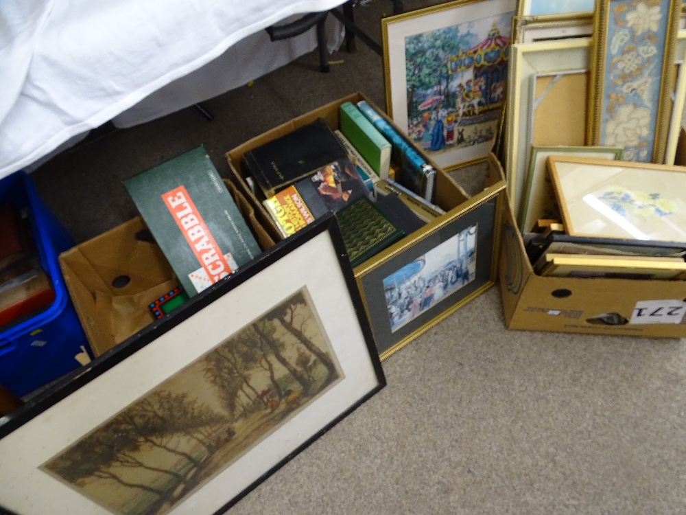 LARGE PARCEL OF TAPESTRIES, PRINTS, PAINTINGS ETC, a quantity of mixed books and vintage board