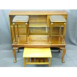 NATHAN TEAK DISPLAY CABINET, Long-John coffee table, two smaller similar and one other teak square