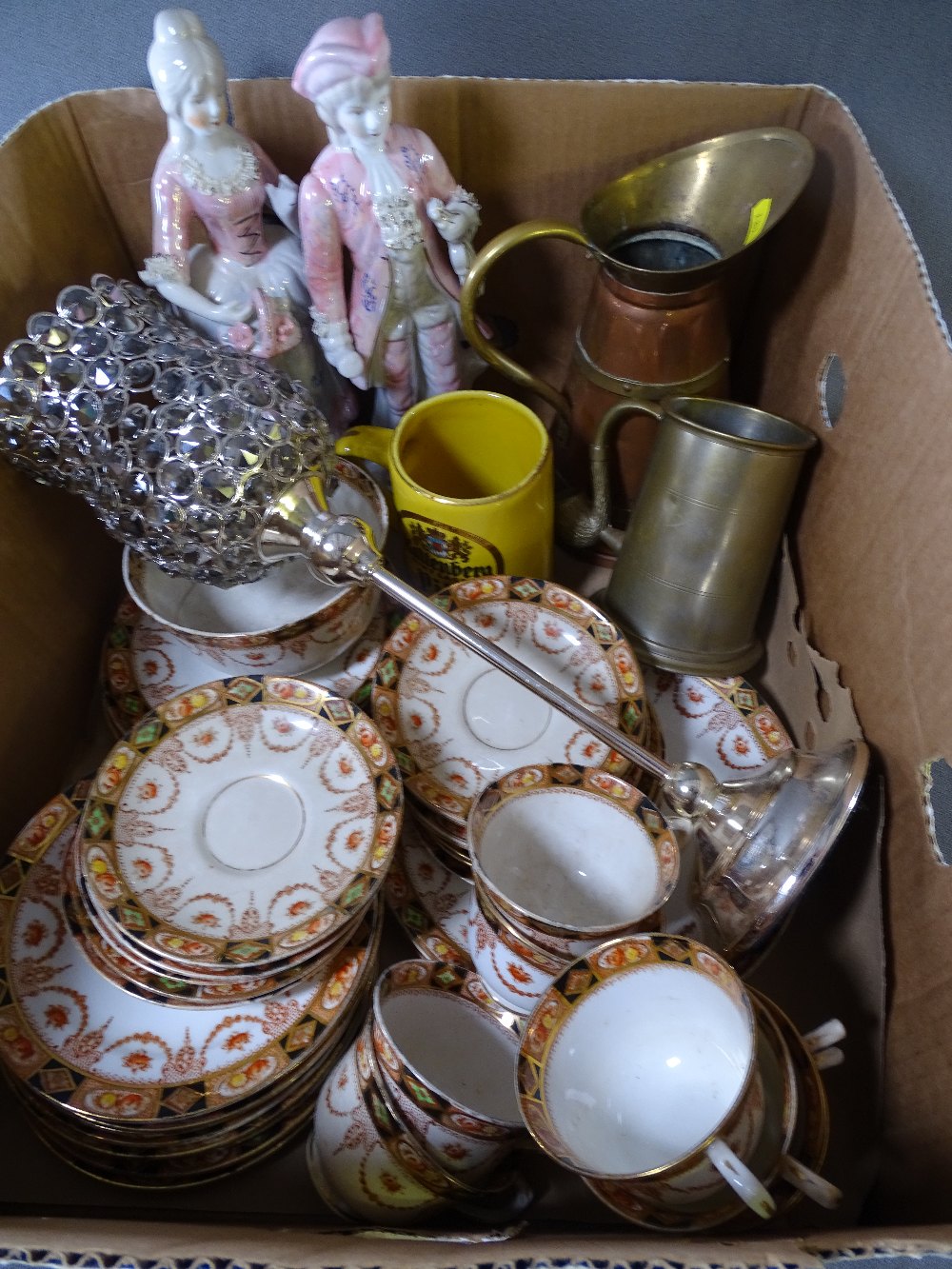 ROYAL ALBERT PART TEA SET, copper jug, large tankard, two Continental figurines, Staffordshire