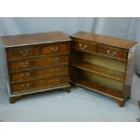 MAHOGANY INLAID CHEST of two over three long drawers and a similar slim two drawer, two shelf