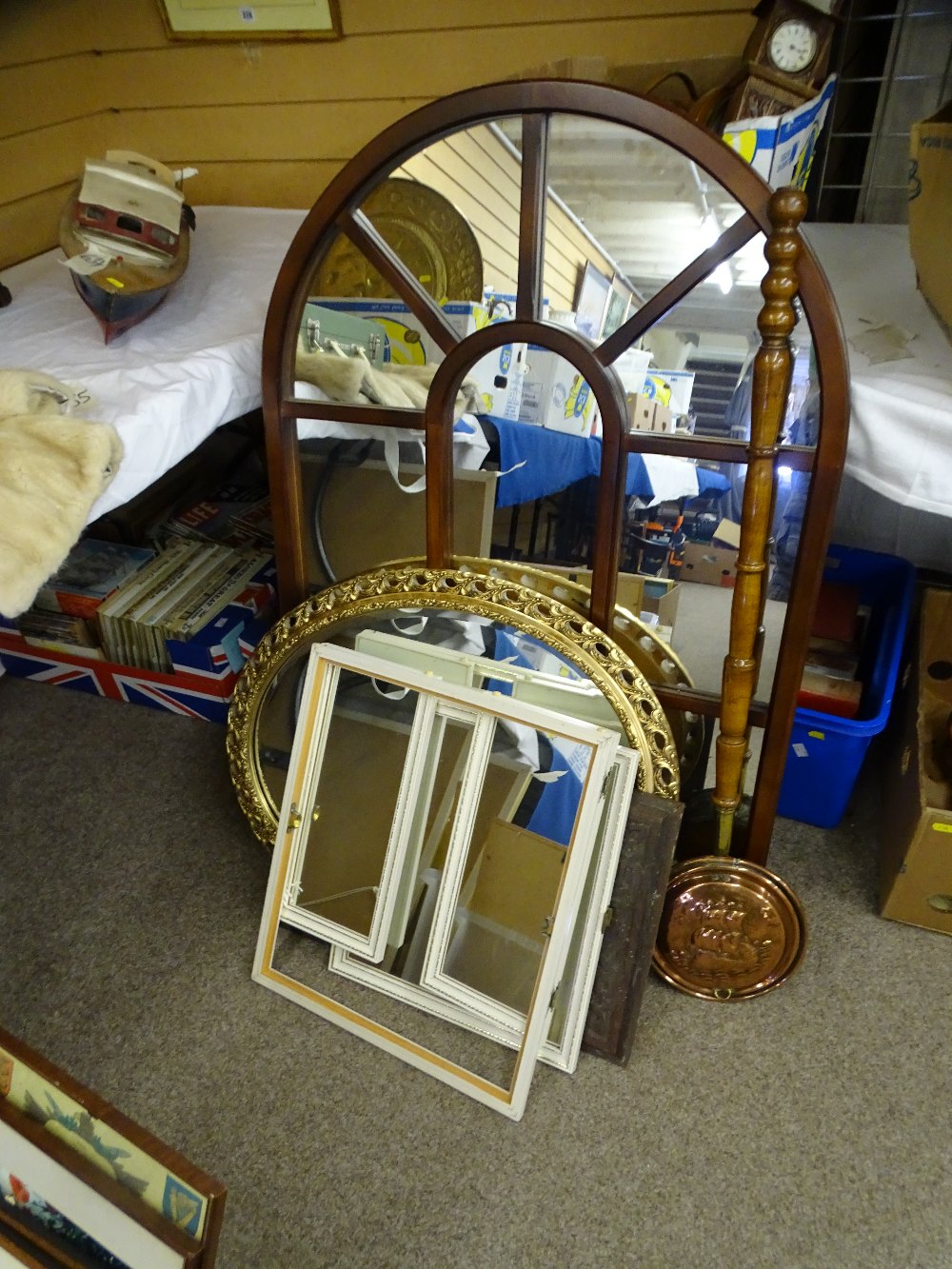 SECTIONAL ARCHED WALL MIRROR and a parcel of other wall mirrors, long handled warming pan ETC