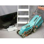 SAMSUNG 32INS LCD TV, Phillips DVP3120 DVD player, Bosch Rotak 34R electric lawn mower and a metal