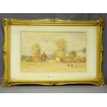 W C GOODRIDGE watercolour - pastoral scene with farmstead figures and cattle, signed and dated