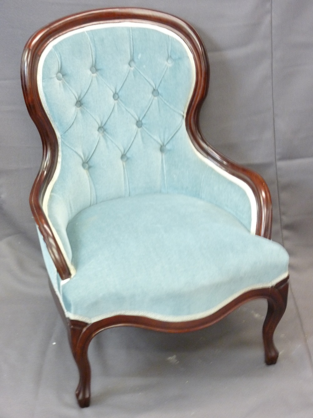 REPRODUCTION SPOON BACK CHAIR with turquoise upholstered button back