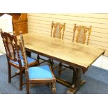 FINE ANTIQUE FOUR PLANK REFECTORY TABLE with carved edge details and four cane back twist support