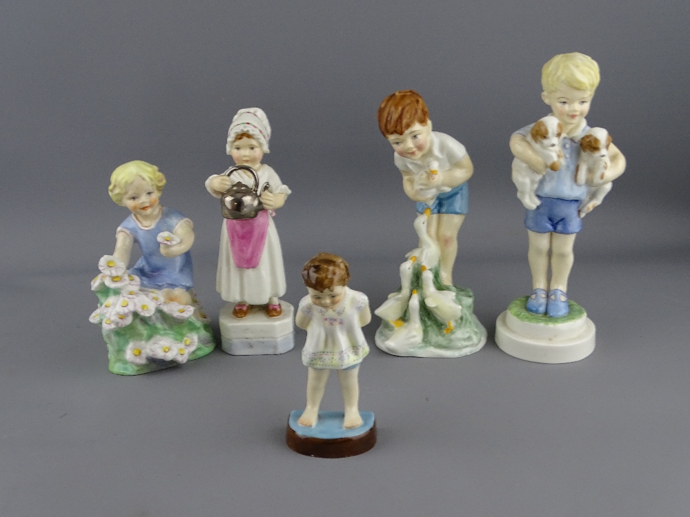 FIVE ROYAL WORCESTER PORCELAIN FIGURINES OF CHILDREN titled 'May' 3455, 'Tommy' 2913, 'Young