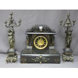 SUPERB VICTORIAN SLATE CLOCK GARNITURE, 45cms height x 49cms width having applied masks and gilt