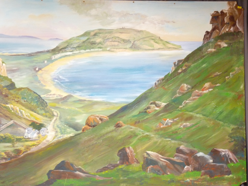 LARGE OIL ON BOARD OF LLANDUDNO BAY and two vintage type posters for 'Tramway and Vehicle Workers