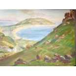 LARGE OIL ON BOARD OF LLANDUDNO BAY and two vintage type posters for 'Tramway and Vehicle Workers