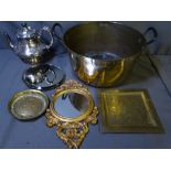 GOOD SIZED BRASS JAM PAN with iron handles, electroplate kettle and similar items