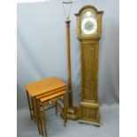 OAK CASED TEMPUS FUGIT ELECTRIFIED CLOCK, inlaid nest of three tables and a mahogany standard lamp