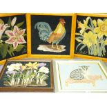 PARCEL OF FIVE FRAMED BIRD/ANIMAL TAPESTRIES and two floral similar