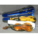 MODERN VIOLIN & TWO BOWS in a hard carry case and a vintage violin with hairless bow