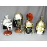 FOUR REPRODUCTION MILITARY HELMETS, examples for Roman, Greek, Cromwellian and a copy from the