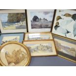 LITTLE ORME LLANDUDNO watercolour, a river scene with cattle and fishermen, an oval watercolour of
