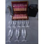 VINTAGE CASED SET OF TWELVE FISH KNIVES & FORKS with silver ferrules, a quantity of cut glass