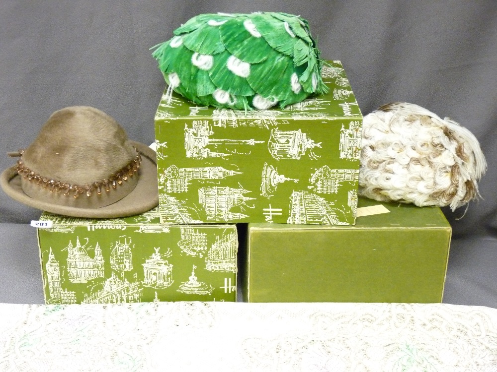 THREE LADY'S VINTAGE HATS with Harrods boxes and a vintage table cover