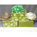 THREE LADY'S VINTAGE HATS with Harrods boxes and a vintage table cover