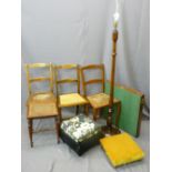 THREE CANE SEATED CHAIRS, a foot stool, cane seated stool, reeded decorated standard lamp ETC