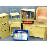 PINE STORAGE BOX, side table with drawer, three basket storage shelf, small cane chair, string