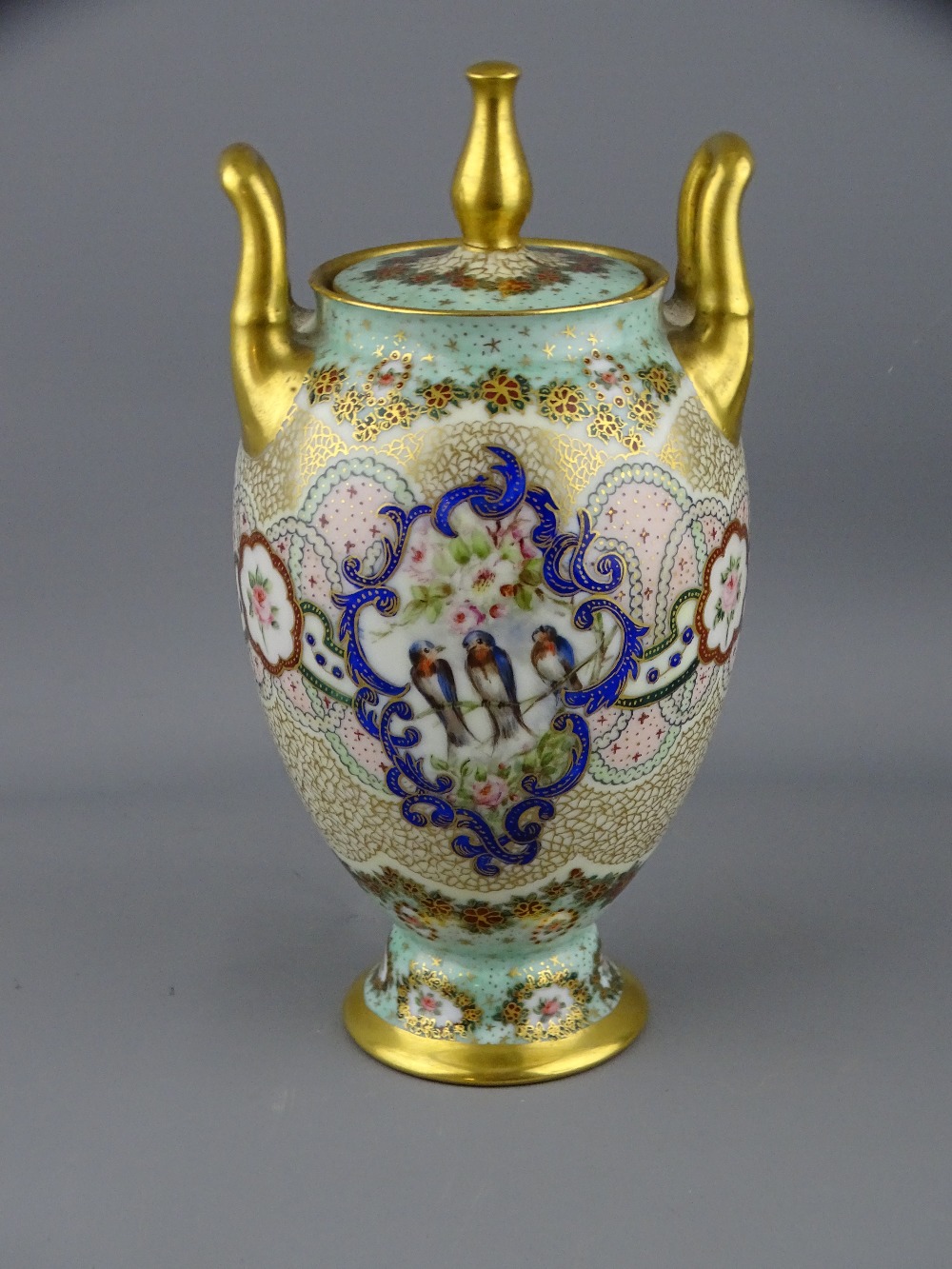 ROSENTHAL PORCELAIN HAND PAINTED & GILT DECORATED VASE AND COVER, printed factory marks to the base,