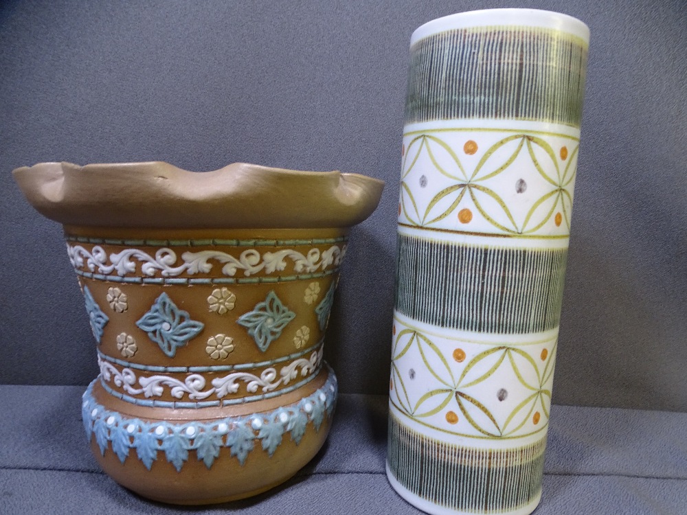 DOULTON LAMBETH TYPE JARDINIERE and a Langley chimney vase