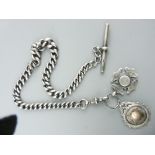 CHUNKY SILVER FOB WATCH CHAIN with T-bar clip and two fobs, 13.5ins long the chain, 1.9 troy ozs