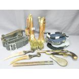 ASSORTED MILITARY RELATED COLLECTABLES, two copper and brass bugles, one marked 'Hawkes & Son,
