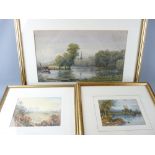 ENGLISH SCHOOL watercolours, two - cattle watering, 25 x 43cms, river and boat scene, 11 x 16cms and