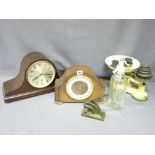 TWO VINTAGE MANTEL CLOCKS with a set of cast iron kitchen scales and weights ETC